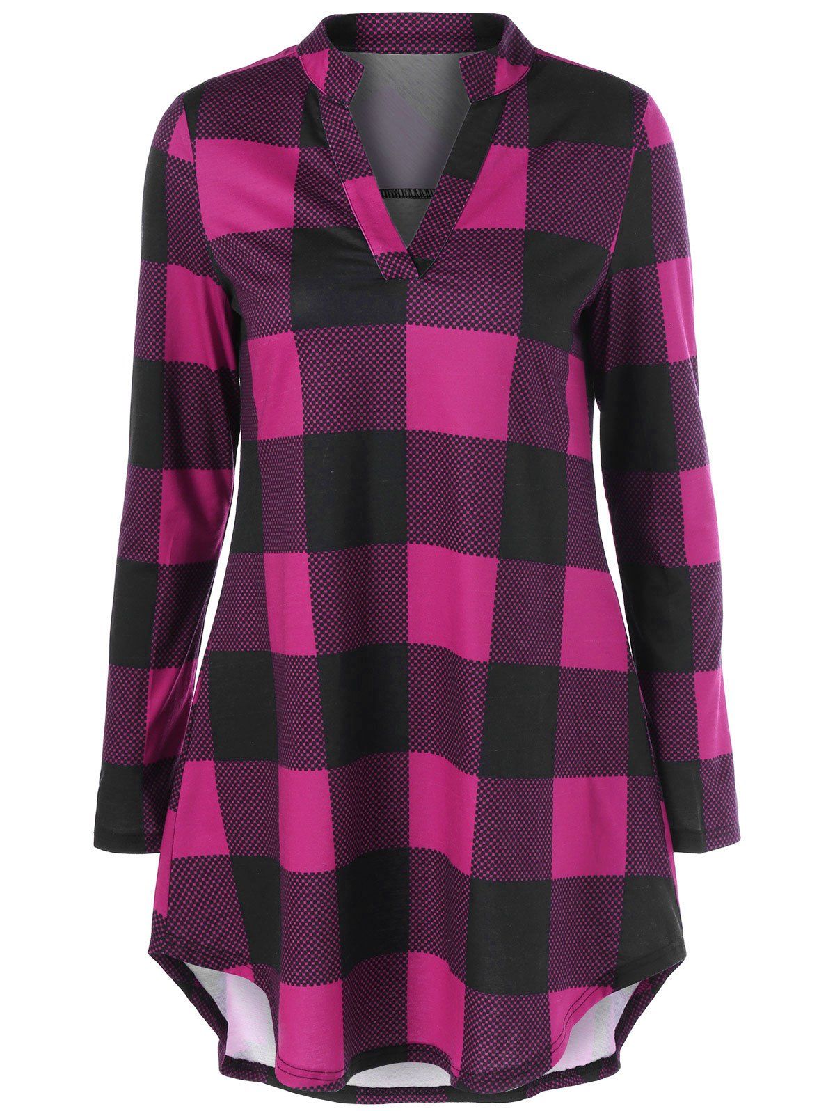 

Split Neck Long Plaid Boyfriend T-Shirt, Violet rose