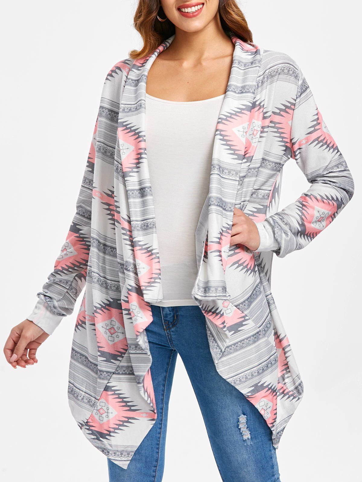 Printed Pink Asymmetric Cardigan | RoseGal.com