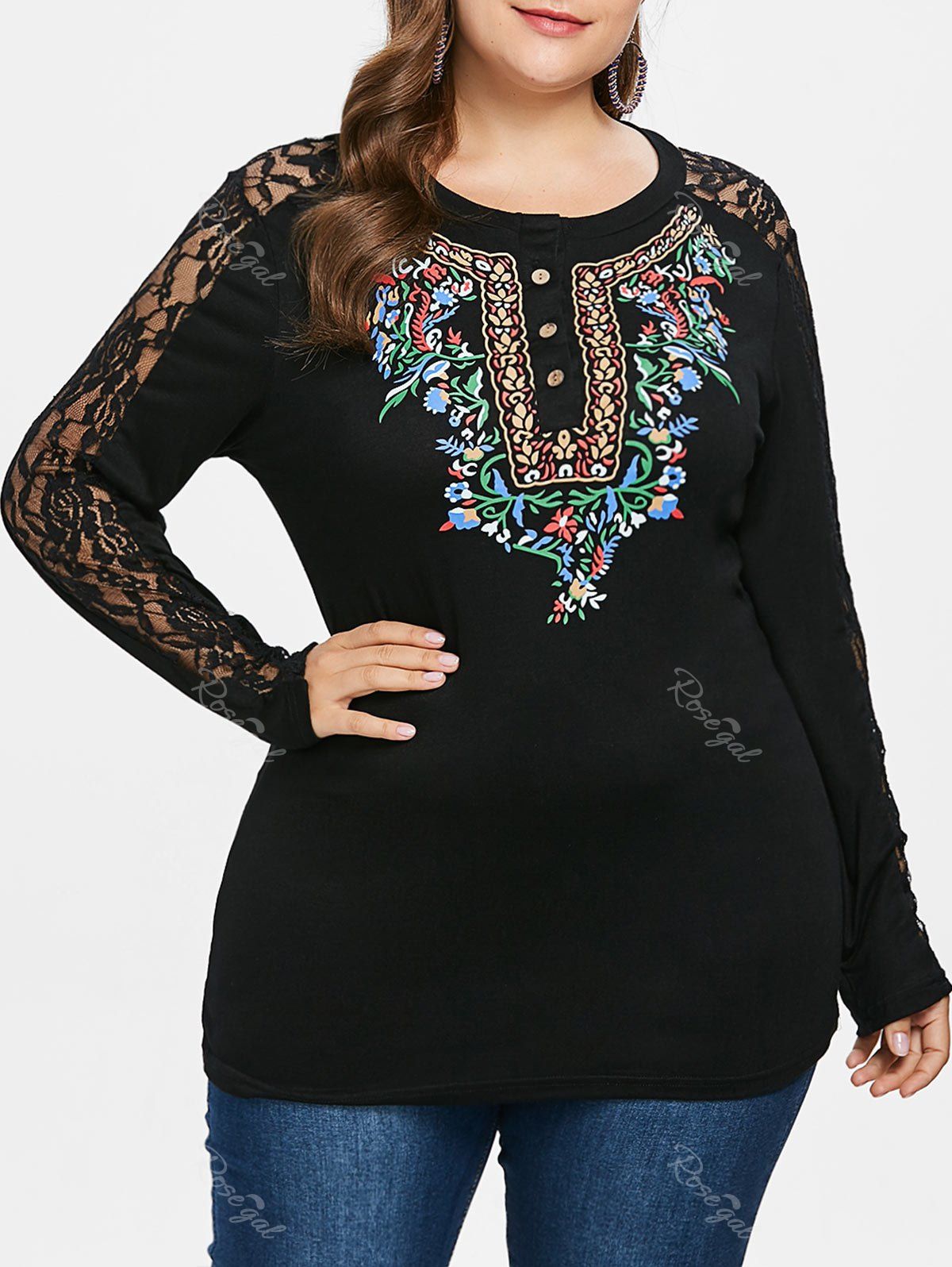 

Plus Size Print Lace Long Sleeve Top, Black