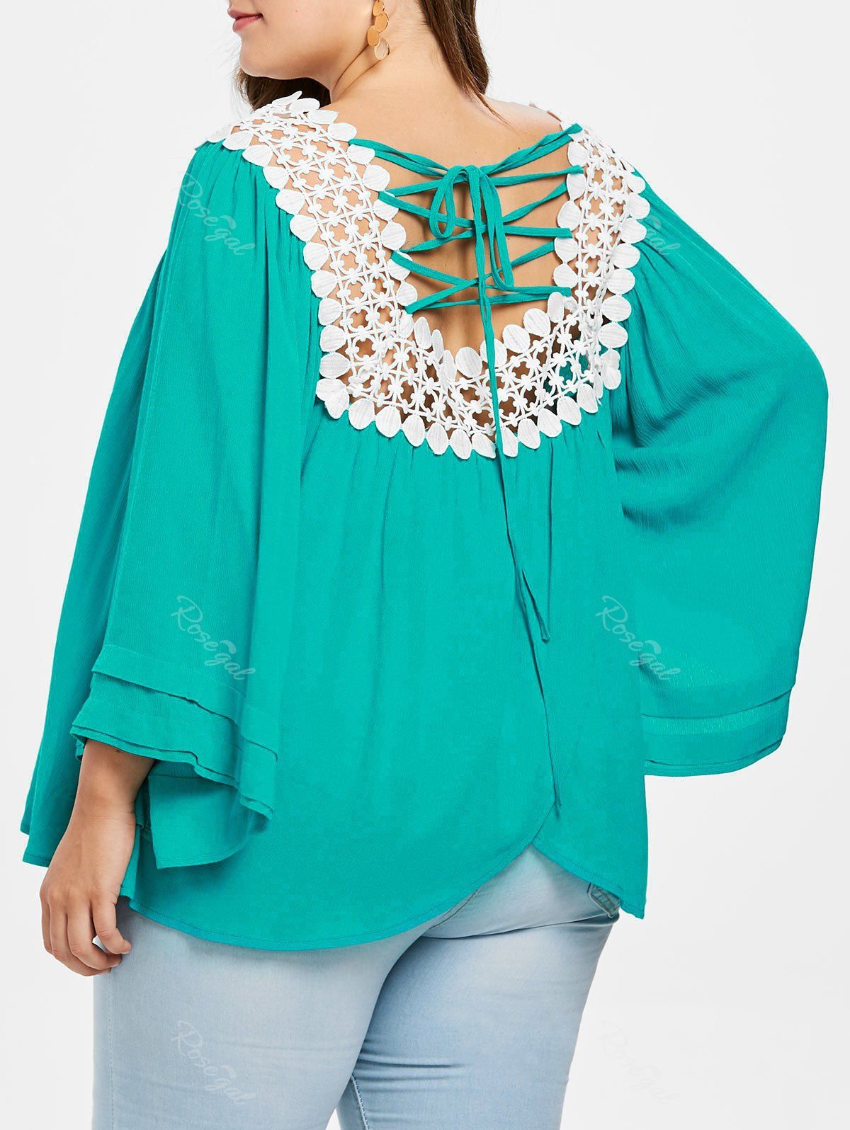 

Plus Size Lace Trim V Neck Blouse, Medium turquoise
