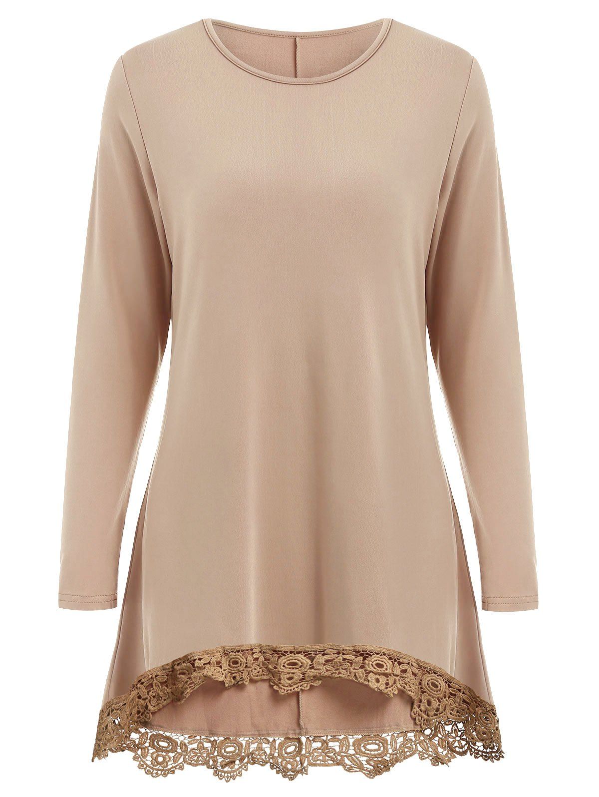 

High Low Lace Panel Long Sleeve T-shirt, Khaki