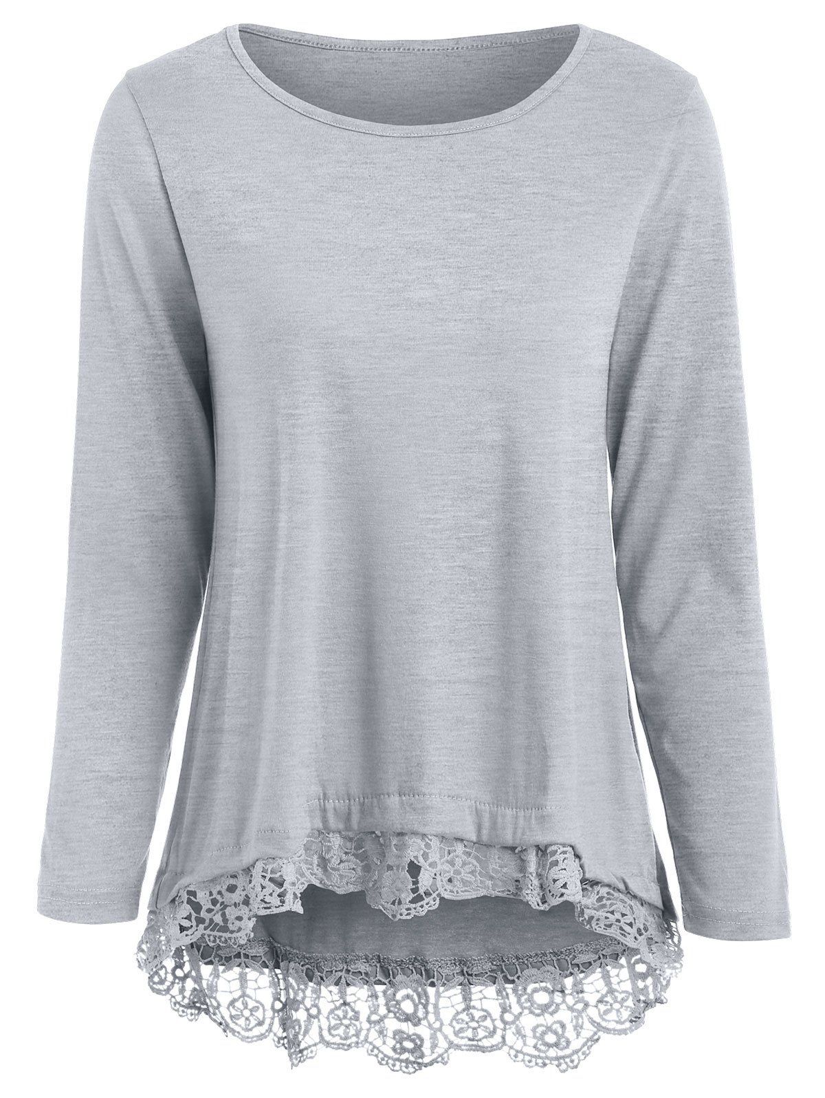 [64% OFF] Stylish Lace Spliced Hem Long Sleeve Gray T-Shirt For Women ...