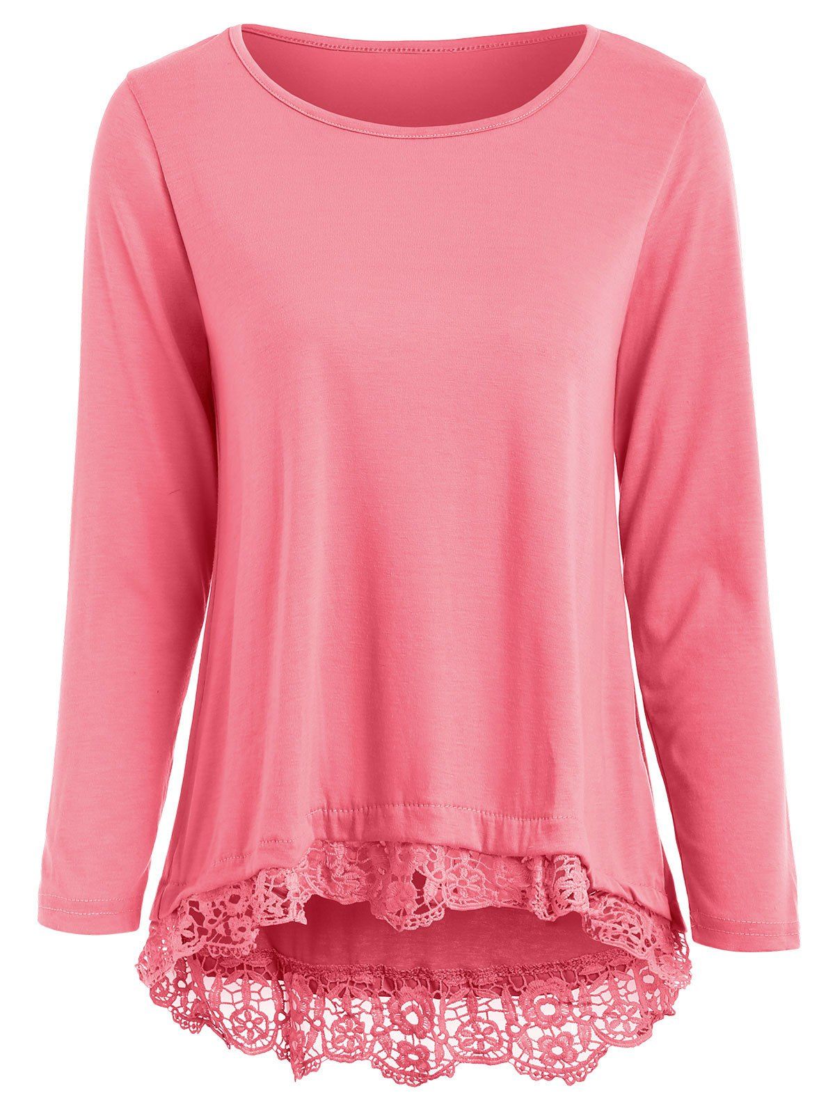 [64% OFF] Stylish Lace Spliced Hem Long Sleeve T-Shirt For Women | Rosegal