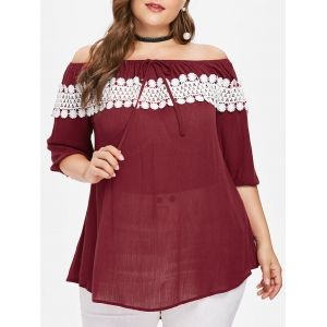 

Off The Shoulder Plus Size Applique Blouse, Red wine