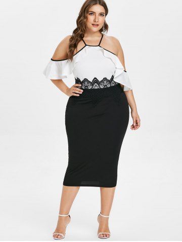 

Plus Size Lace Panel Ruffle Bodycon Dress, White