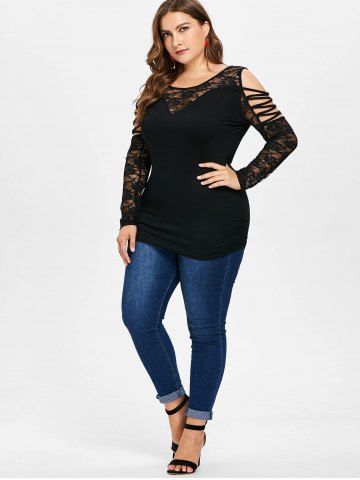 

Plus Size Lace Sleeve Cold Shoulder Tunic Tee, Black
