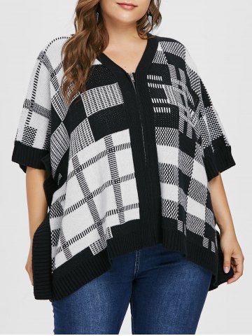 Checked Plus Size Full Zip Sweater Coat - BLACK - ONE SIZE