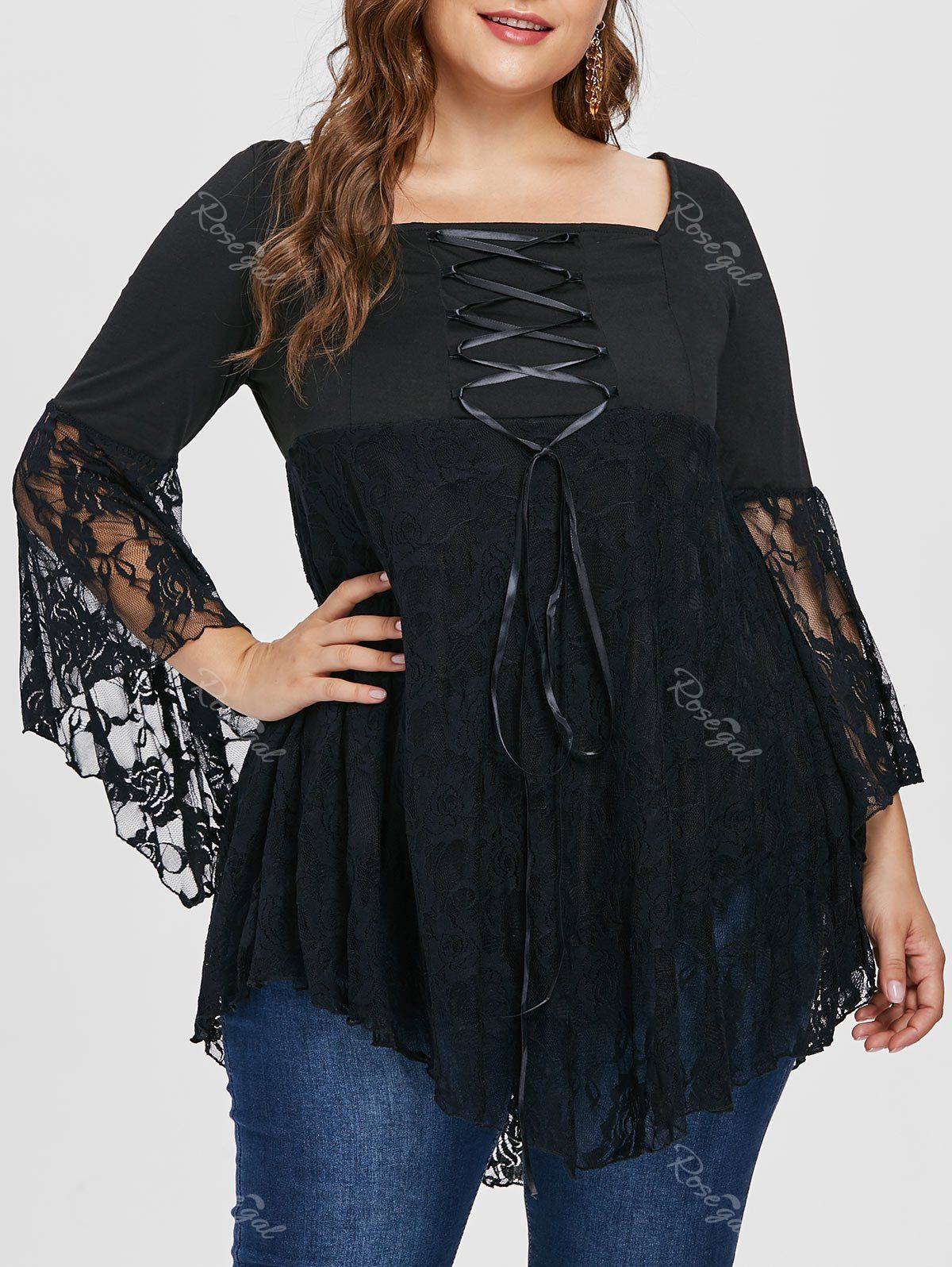 

Plus Size Square Collar Lace Edges Peplum Top, Black