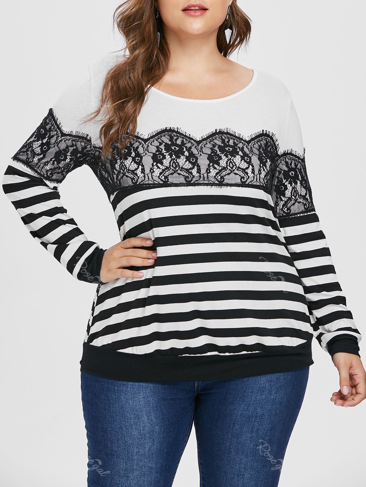 

Plus Size Lace Panel Eyelash Striped Tee, Multi