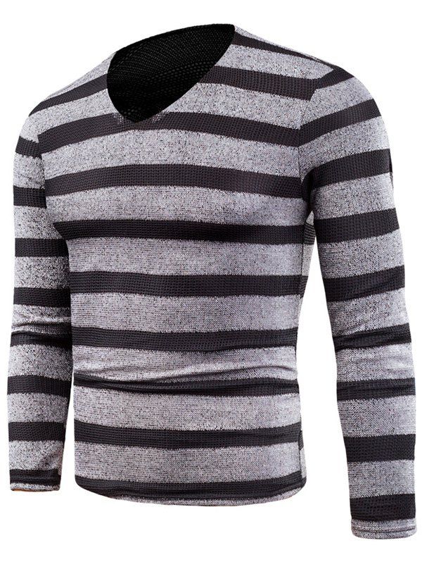 

Wide Striped Long Sleeve Mesh T-shirt, Gray