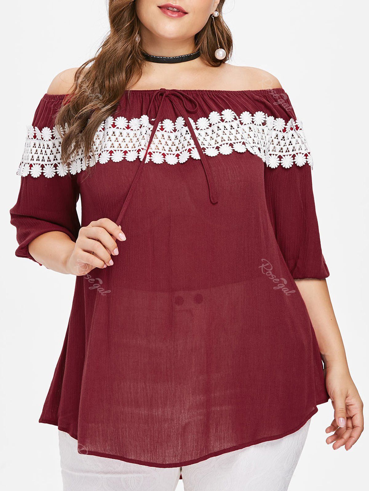 

Off The Shoulder Plus Size Applique Blouse, Red wine