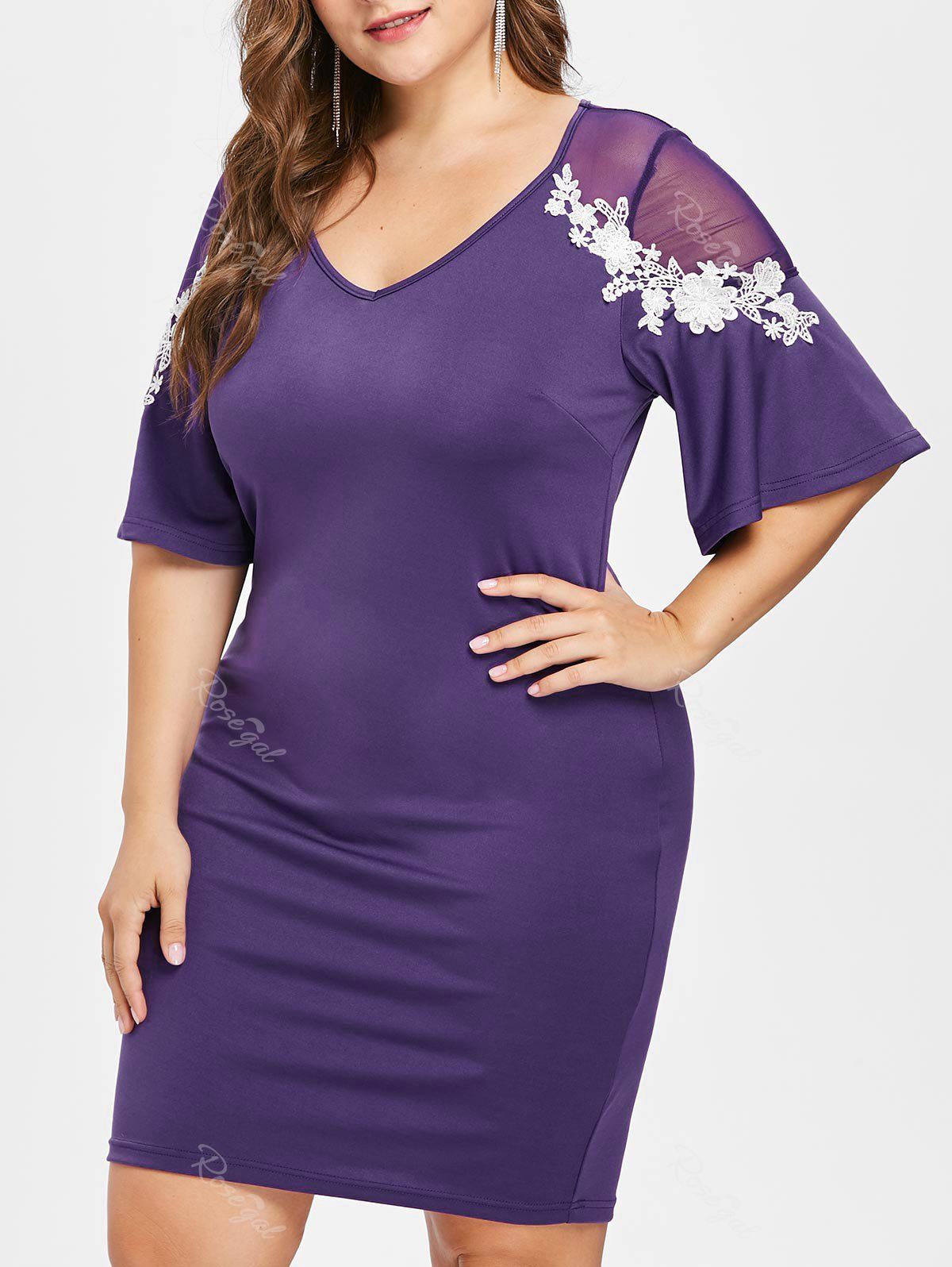 

Plus Size V Neck Flare Sleeve Fitted Dress, Purple iris