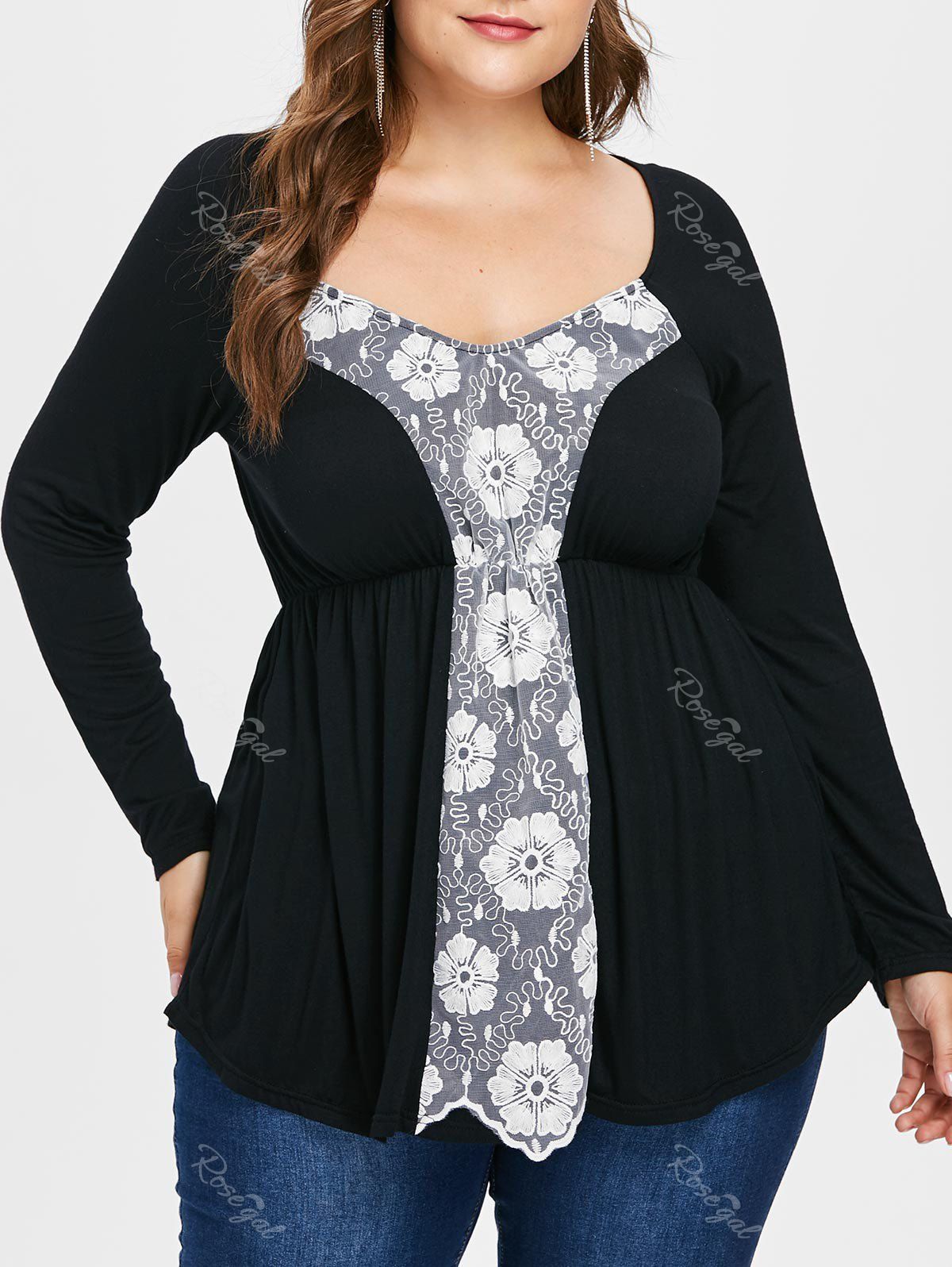 

Plus Size Lace Insert Empire Waist T-shirt, Black