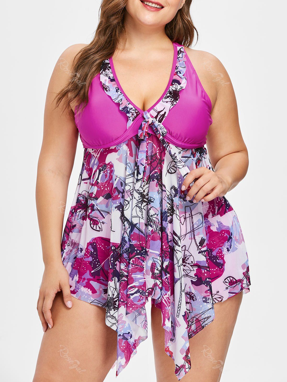 

Plus Size Scrawl Handkerchief Tankini Set, Dimorphotheca magenta