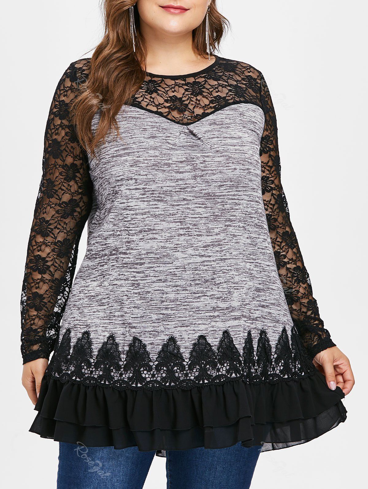 

Plus Size Lace Insert Sheer Ruffled Tunic Tee, Gray