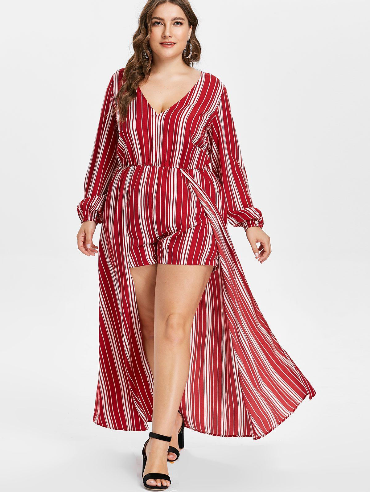 [47% OFF] Plus Size Striped Low Cut Romper | Rosegal