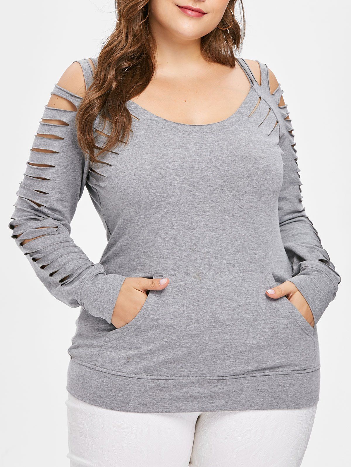 

Plus Size Kangaroo Pocket Shredding Sweatshirt, Light gray