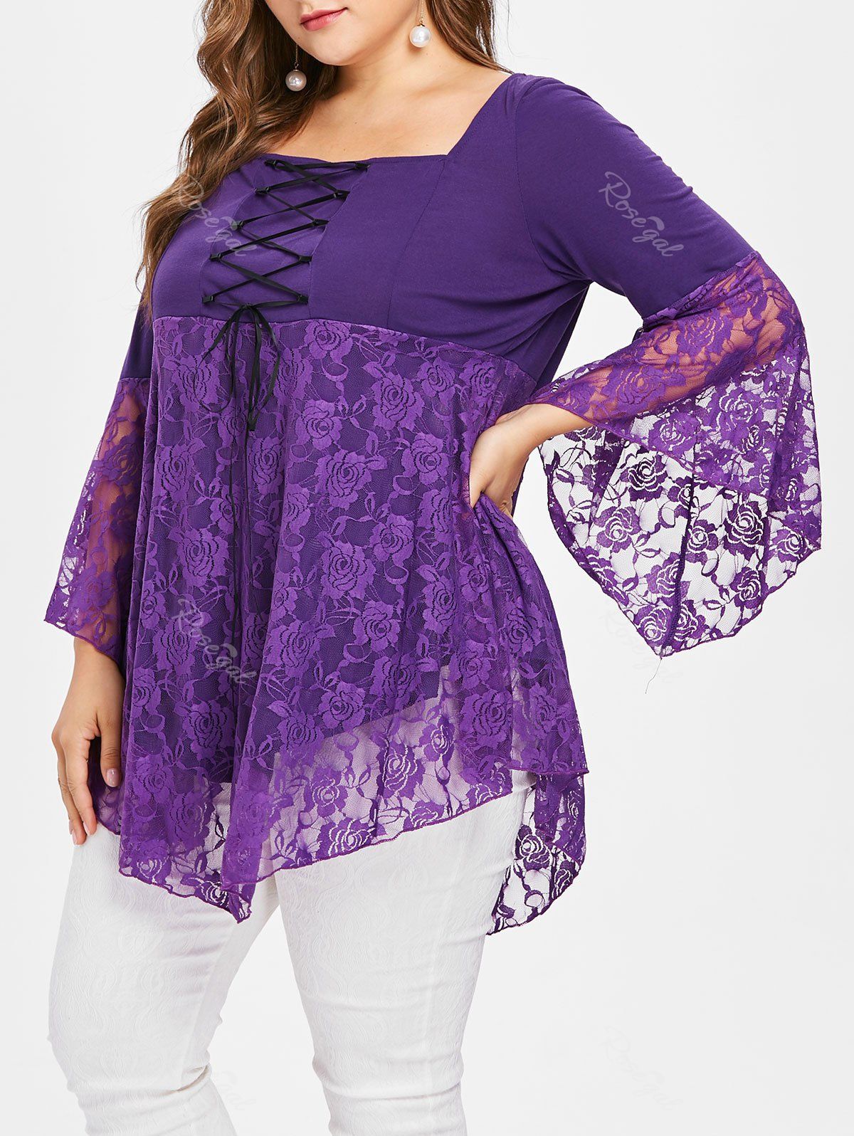 

Plus Size Square Collar Lace Edges Peplum Top, Purple