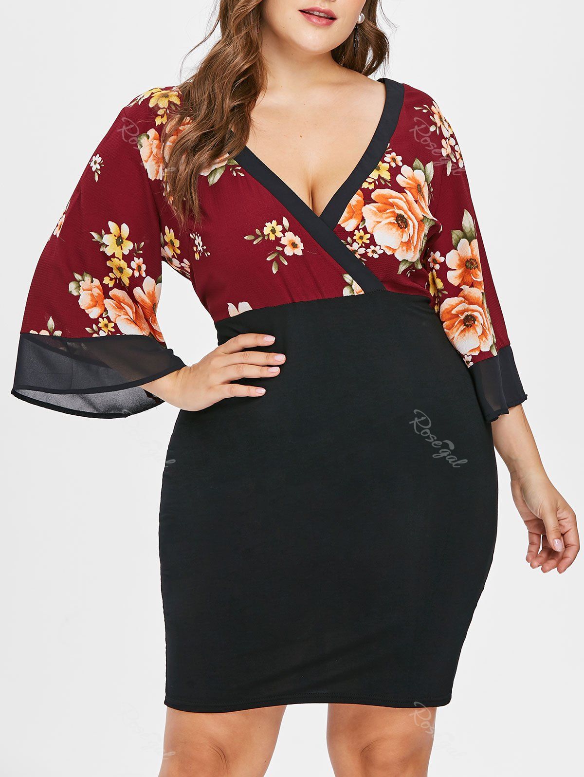 

Plus Size Print Surplice Bodycon Dress, Red wine
