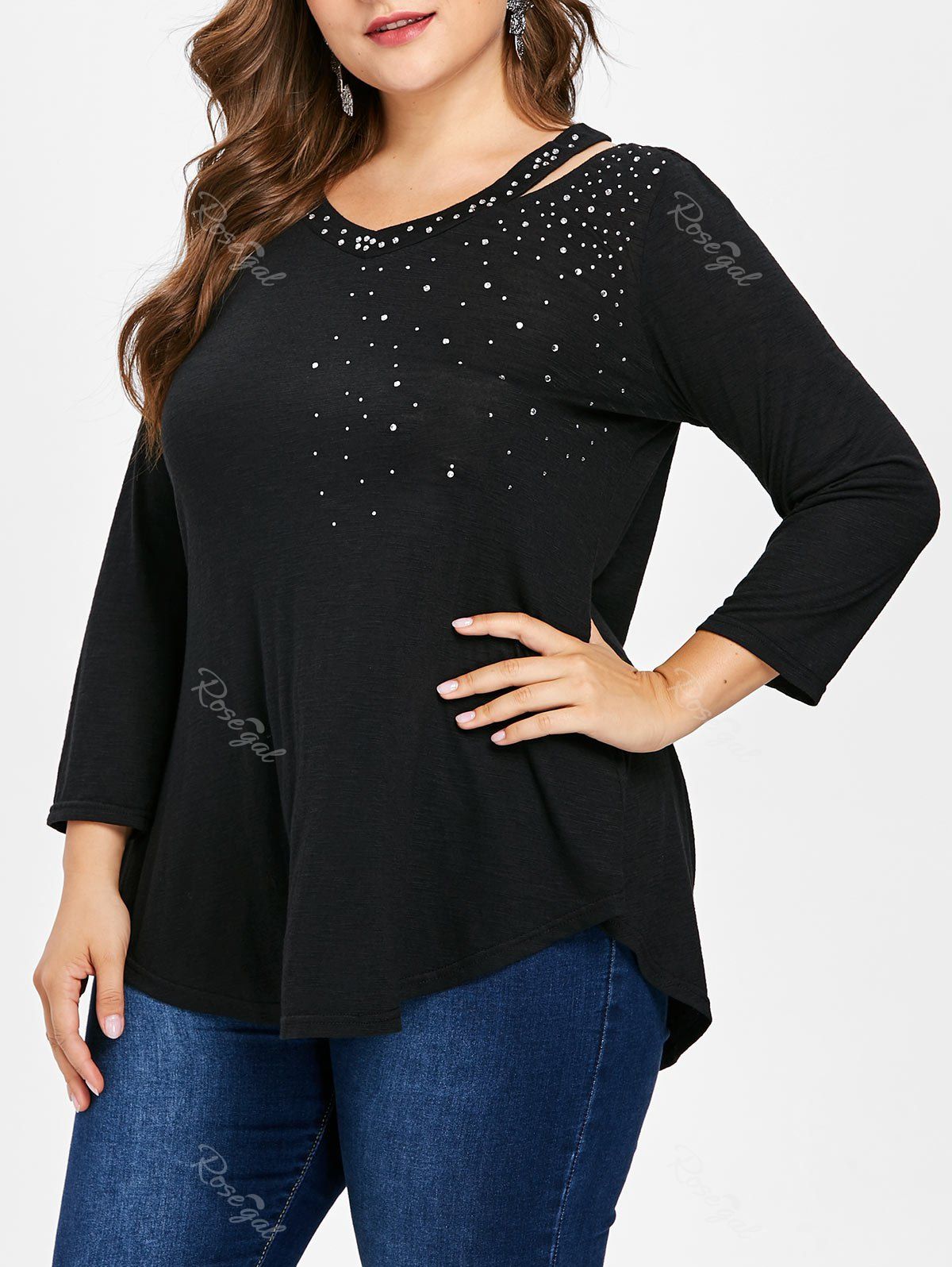 

Plus Size Cutout V Neck T-shirt, Black