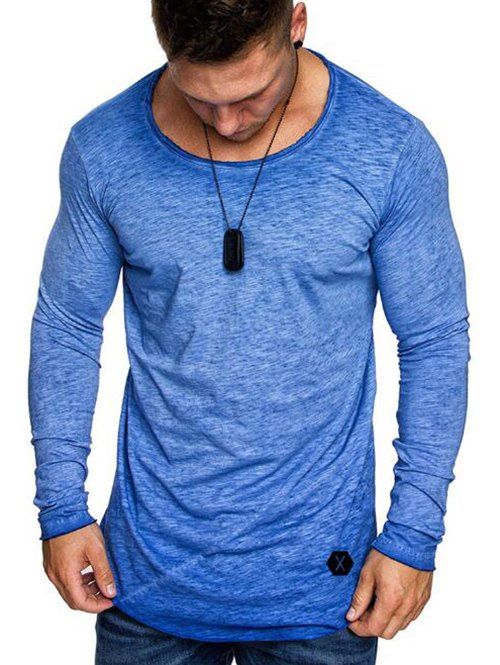 

Applique Solid Color Round Neck T-shirt, Blue