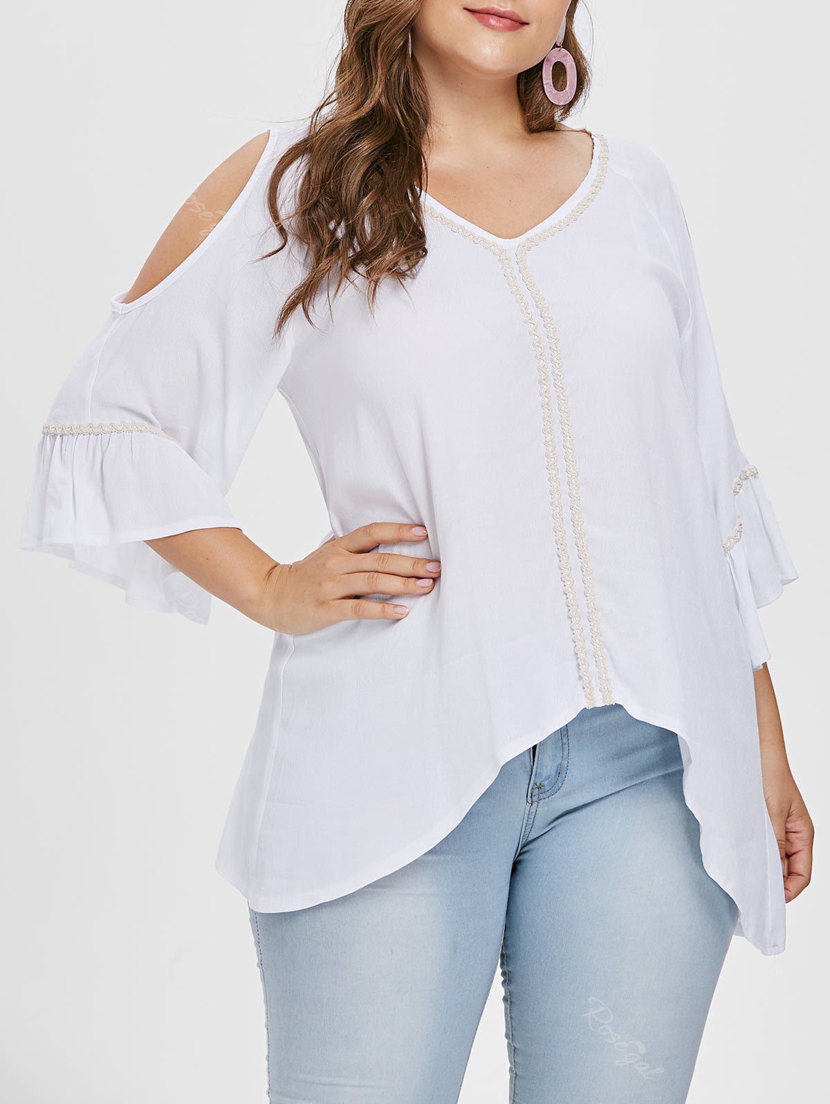 [73 OFF] Plus Size Open Shoulder High Low Blouse Rosegal