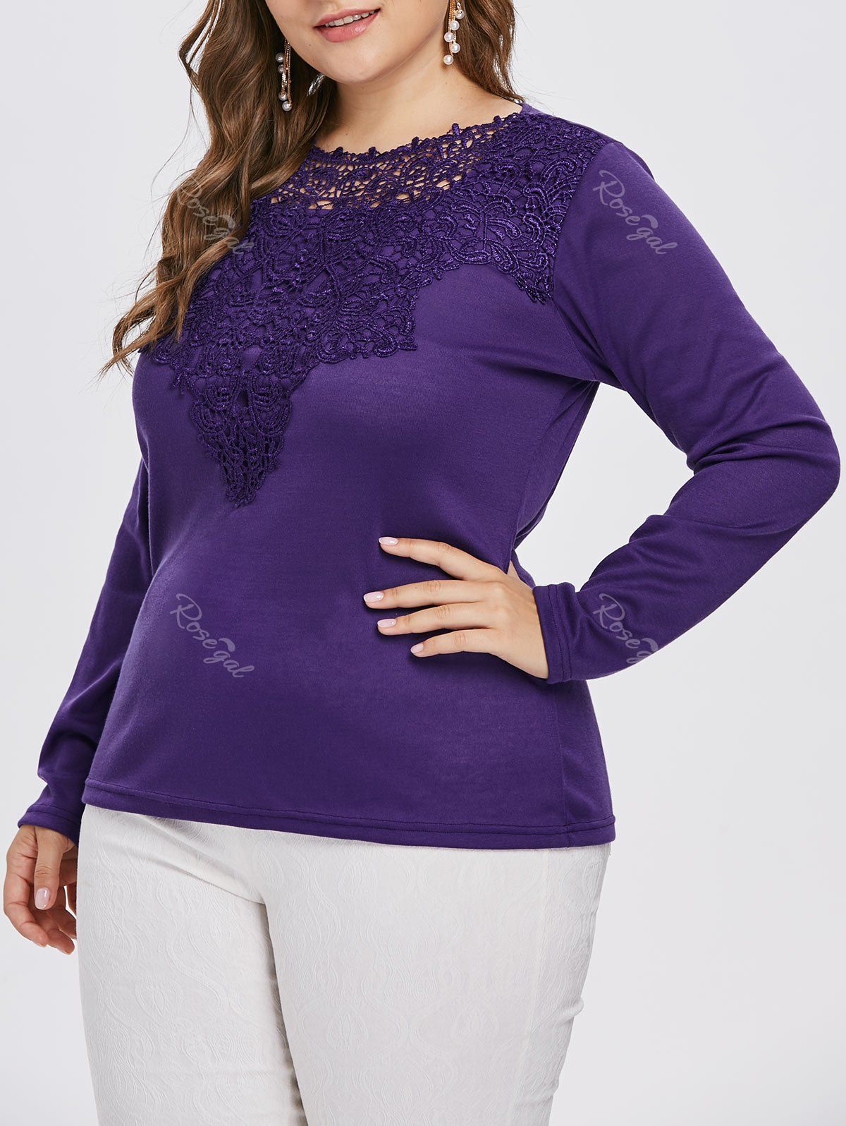 

Long Sleeve Lace Applique Plus Size T-shirt, Purple