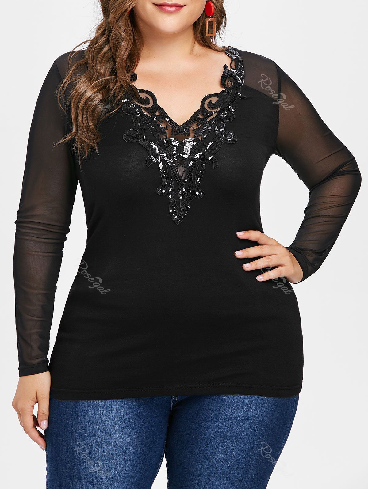 

Plus Size Sequins Mesh Panel Blouse, Black