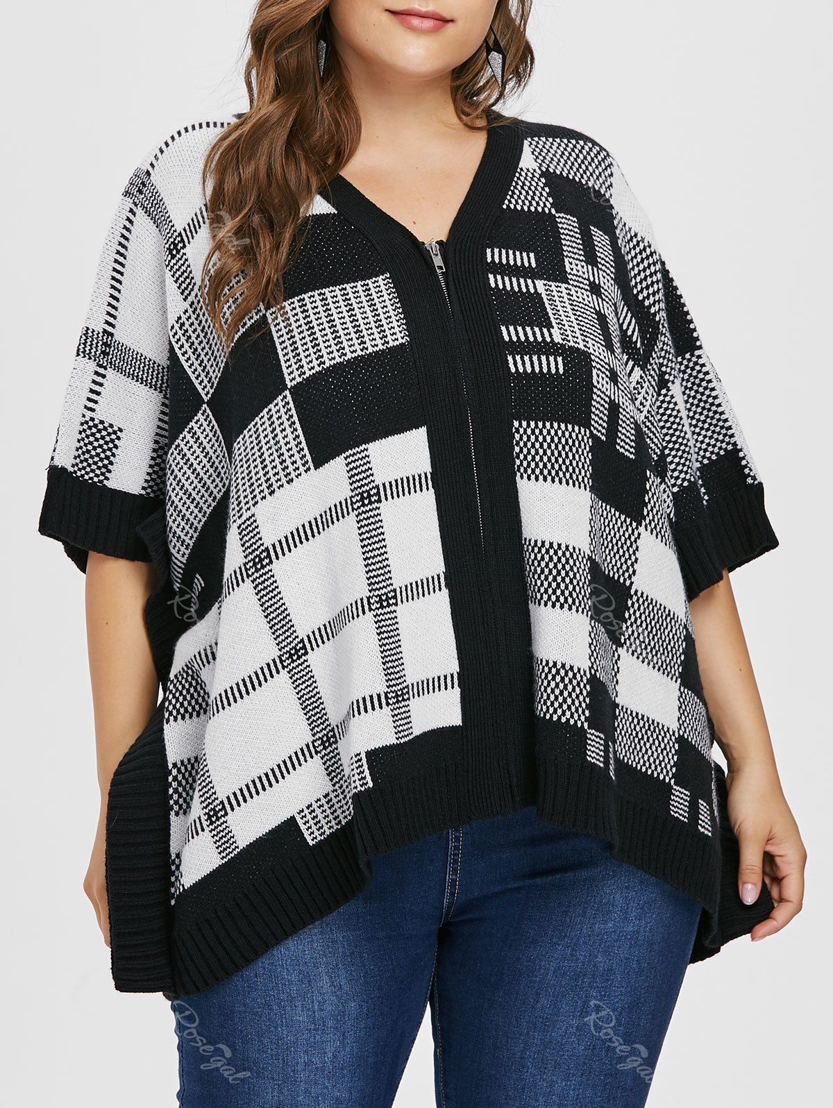 Manteau Pull à Carreau avec Zip de Grande Taille Noir Taille Unique