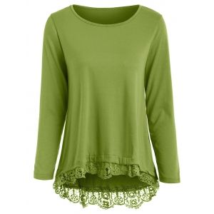 

Stylish Solid Color Lace Spliced Hem Long Sleeve T-Shirt For Women, Army green