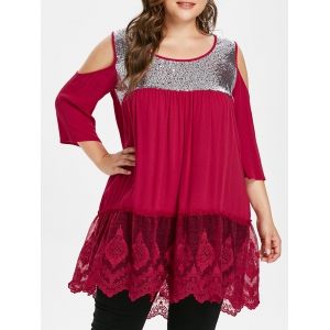 

Back Cut Out Plus Size Sequin Embellished Blouse, Fire engine red