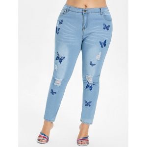 

Plus Size Butterfly Embroidered Ripped Jeans, Jeans blue