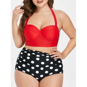 

Polka Dot Plus Size Halter High Waisted 50s Bikini, Red