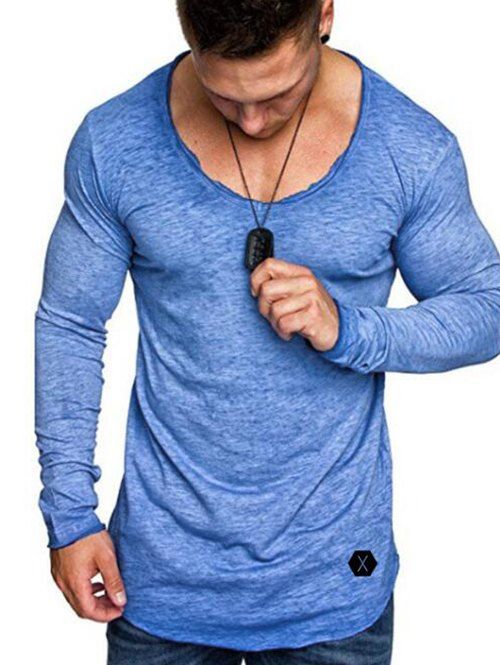 

Solid Color Applique V Neck T-shirt, Blue