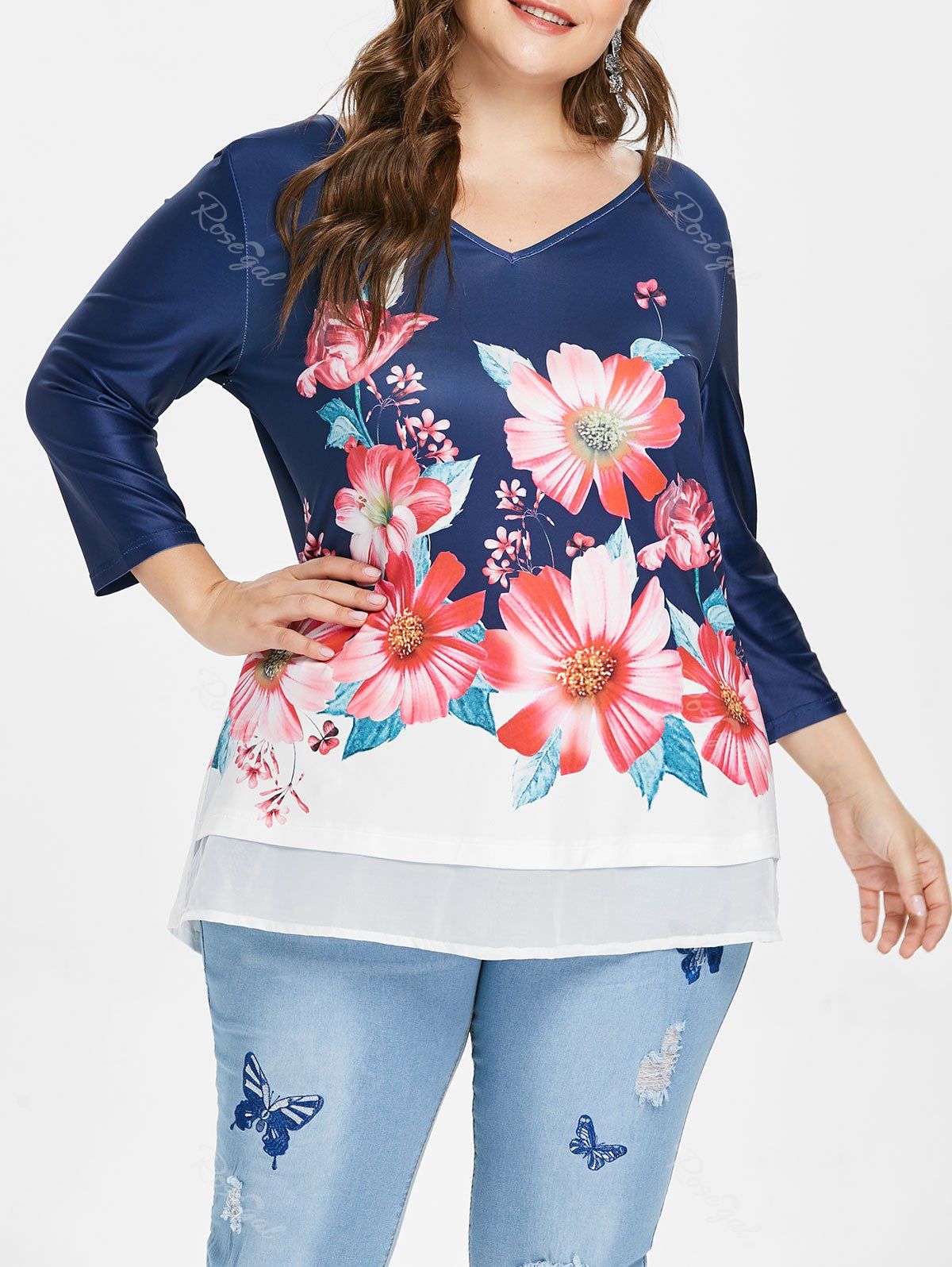 

Plus Size Floral V Neck T-shirt, Deep blue