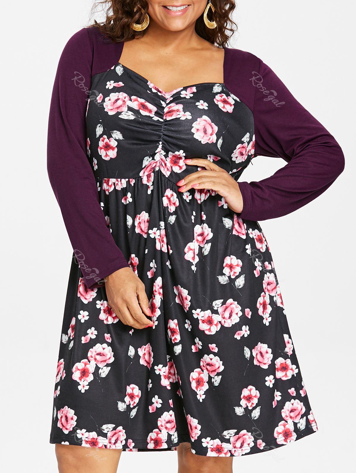 

Plus Size Floral Ruched Long Sleeve Dress, Multi
