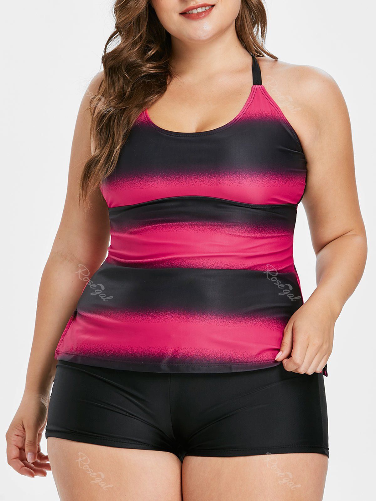 

Plus Size Color Block Multi Strap Back Tankini, Tutti frutti