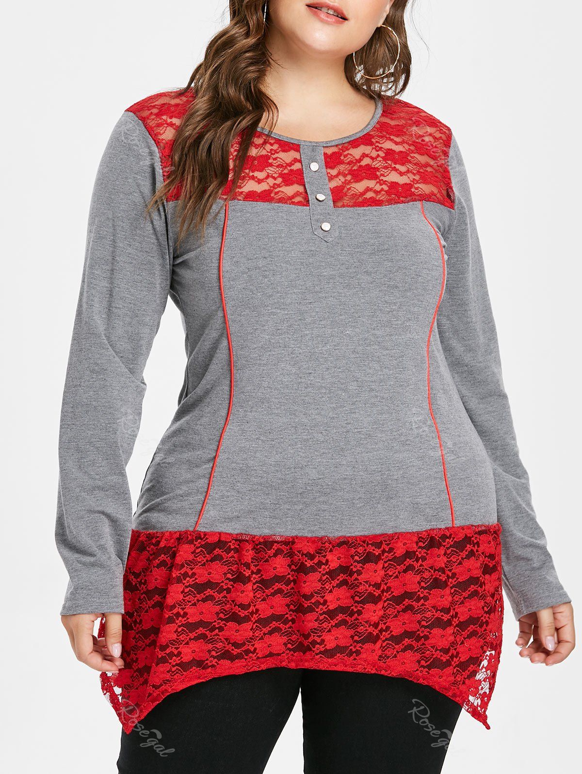 

Plus Size Lace Detail Long Sleeve T-shirt, Gray