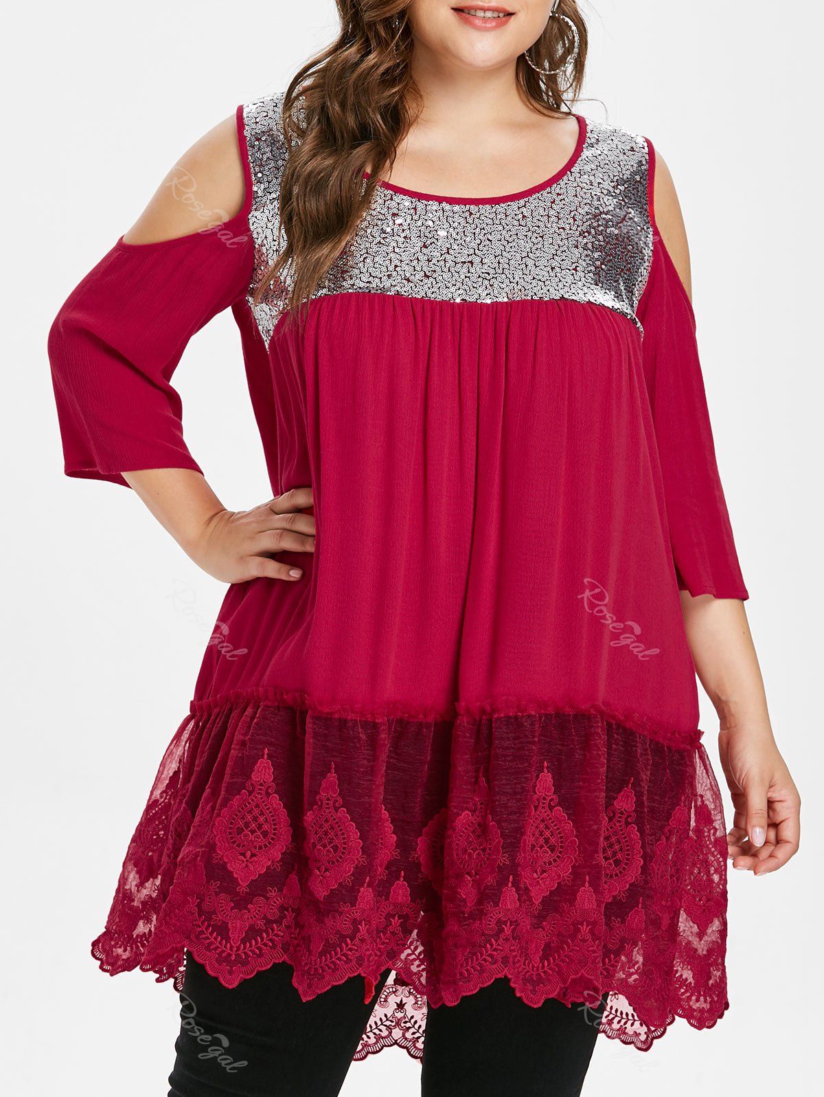 

Back Cut Out Plus Size Sequin Embellished Blouse, Fire engine red