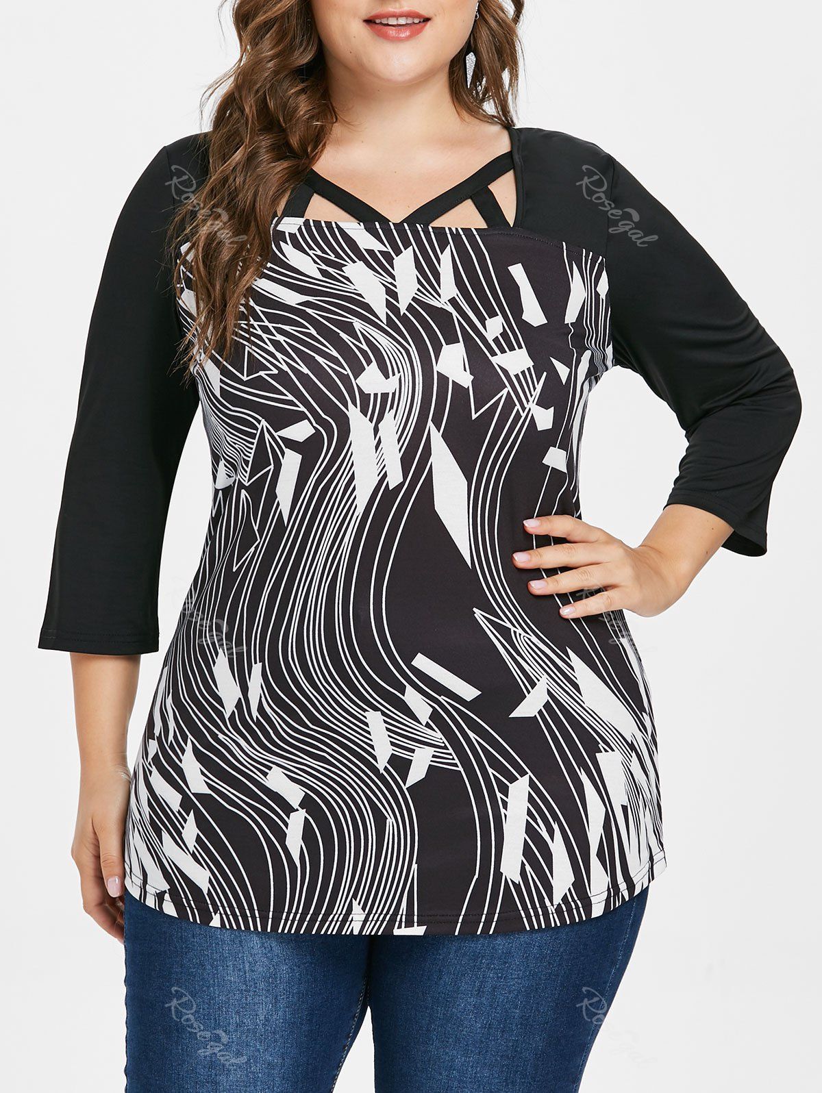

Plus Size Geometric Square Neck T-shirt, Black