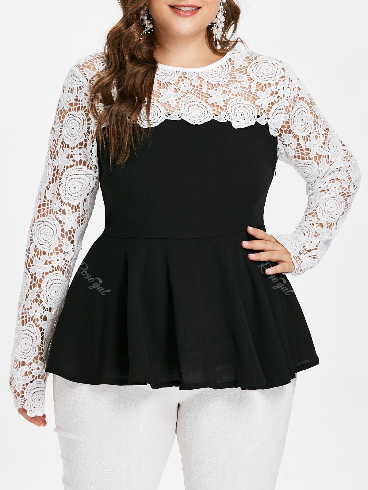 

Lace Sleeve Plus Size A Line Top, Black