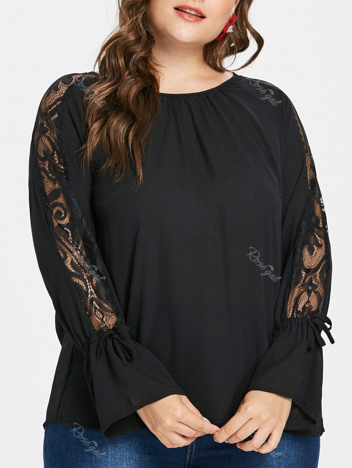 

Plus Size Flared Sleeve Lace Insert Blouse, Black