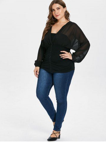 

Plunge Plus Size Button Embellished Blouse, Black