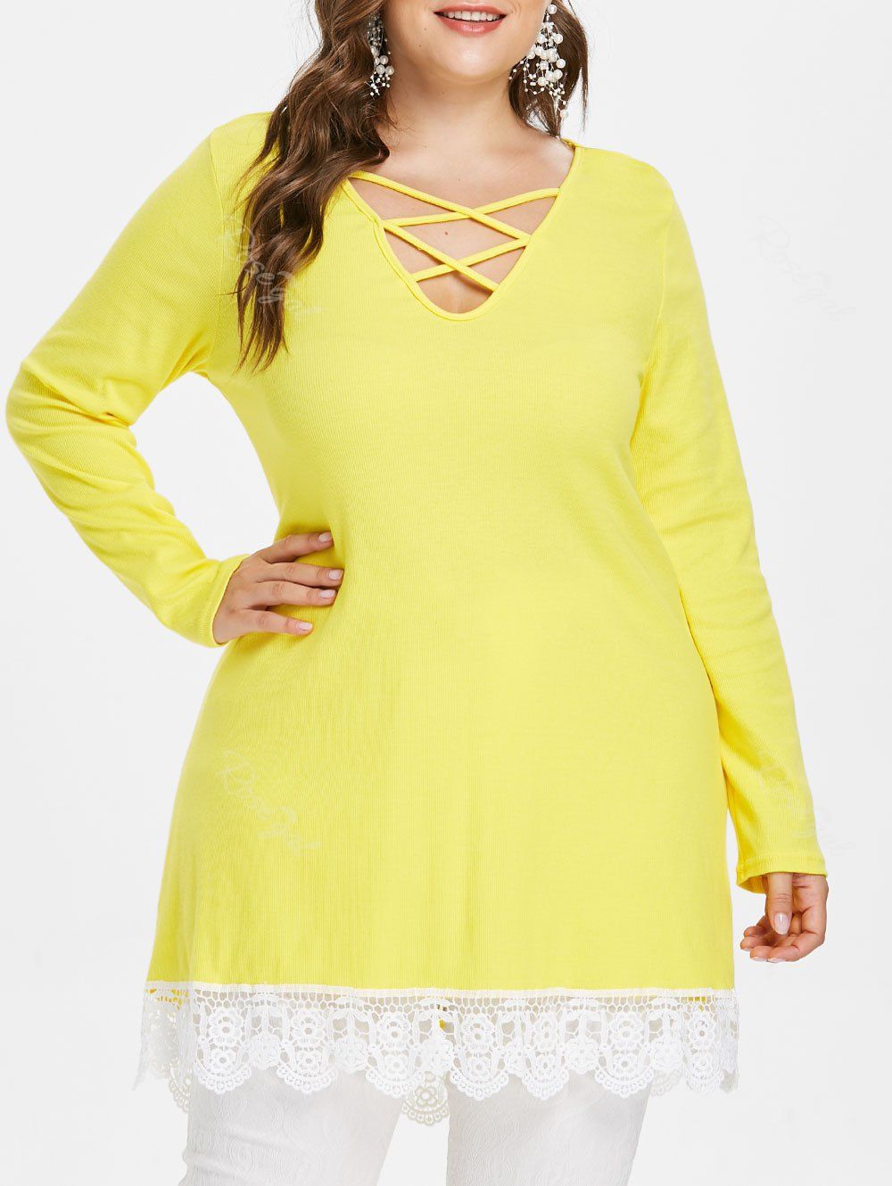 

Criss Cross Plus Size Lace Hem T-shirt, Yellow