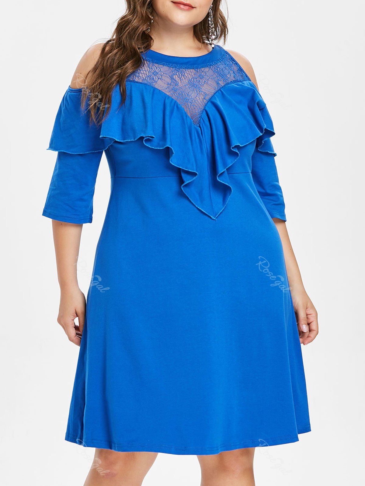 

Plus Size Ruffle Lace Yoke Dress, Blue dress