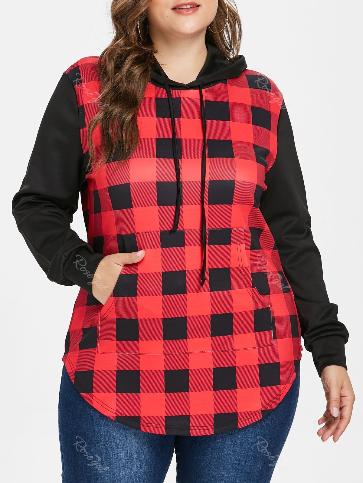 

Plus Size Plaid Panel Hoodie, Red