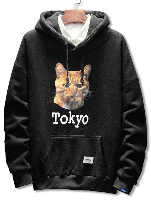 

Kanga Pocket Cat Print Hoodie, Black