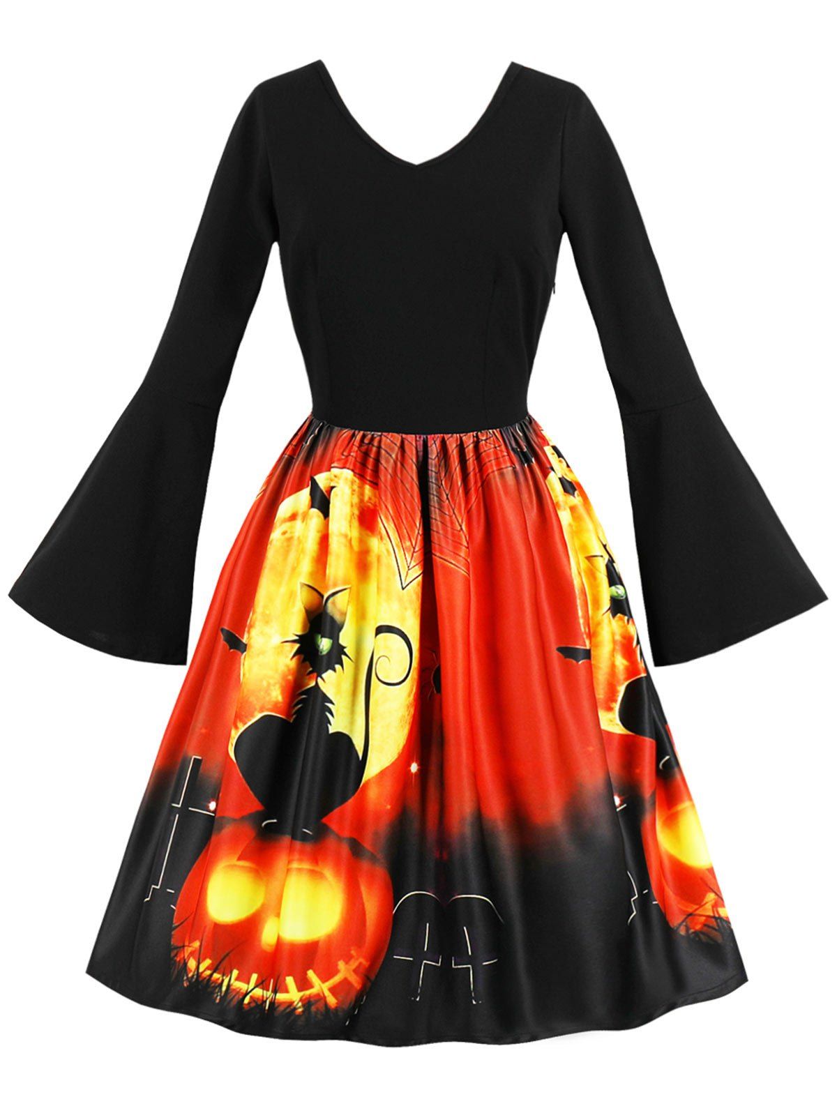 

Halloween Flare Sleeve Retro Dress, Black