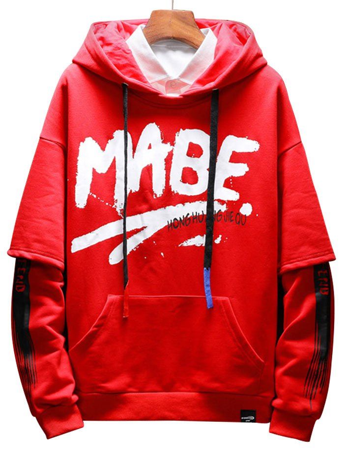 

Faux Two Pieces Letter Slogan Print Hoodie, Red
