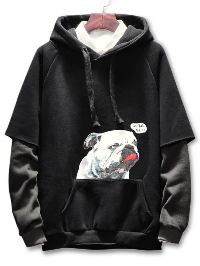 

Puppy Print Patchwork Casual Hoodie, Black